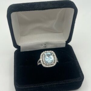 14K White Gold Aquamarine Double Halo Diamonds Ring
